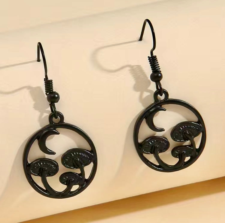 Black Metal Witchy Mushroom Hoop Earrings