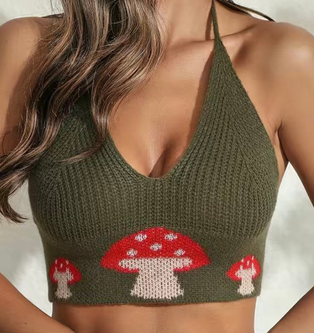 Knitted Mushroom Print Sage Green Halter Top Size 10-14