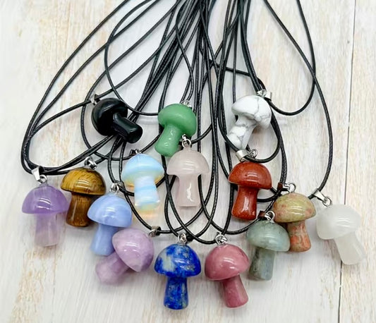 Gemstone Mushroom Charm Rope Necklace