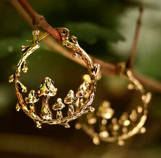 Golden Mushroom Ornate Hoop Earrings