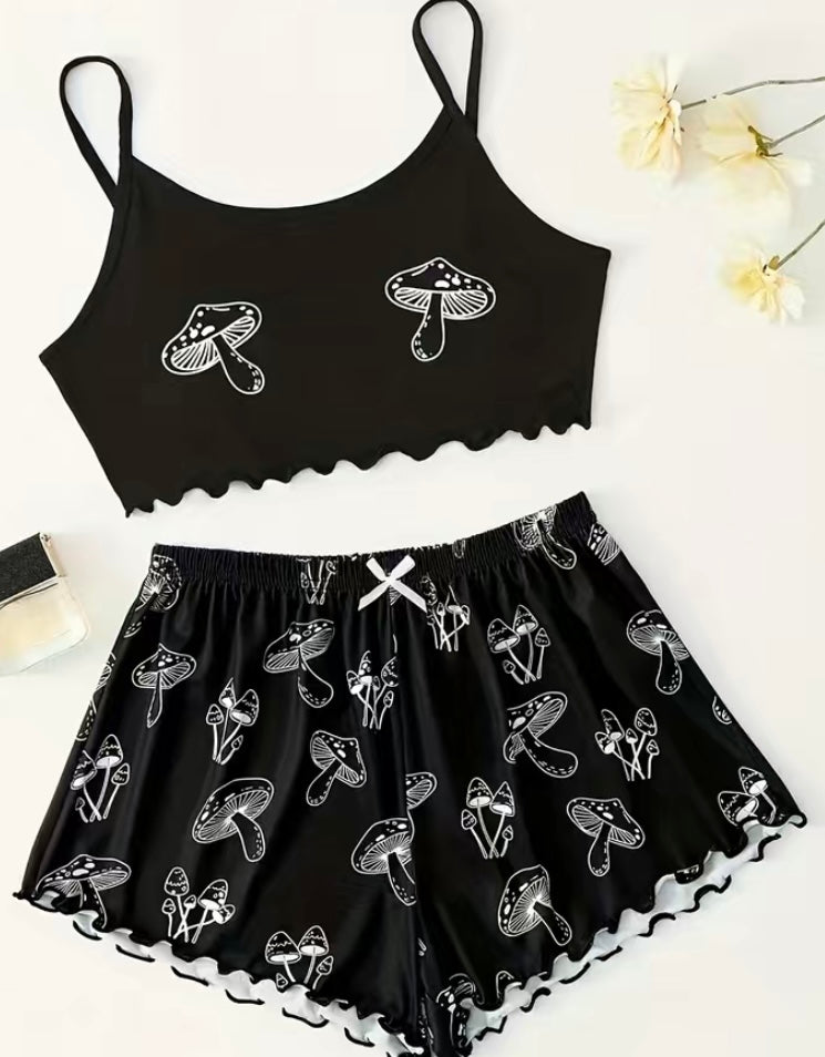 Silky Feel Monochrome Mushroom Print Black Lounge Wear Set Size 8-14