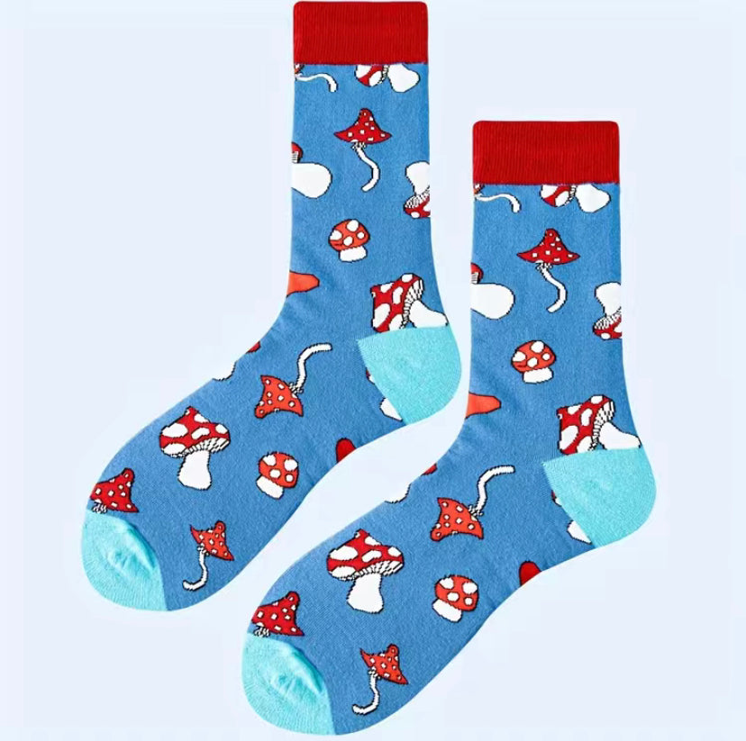 Blue Mushroom Print Socks- One Size