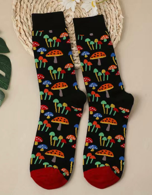 Socks- One Size- Black mushroom print