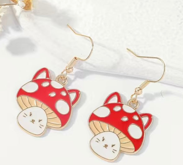 Kitty Mushroom Dangle Earrings