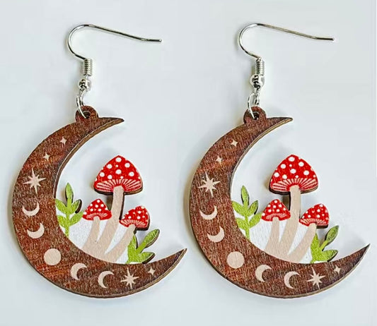 Large Wooden Witchy Mushroom Moon Earrings