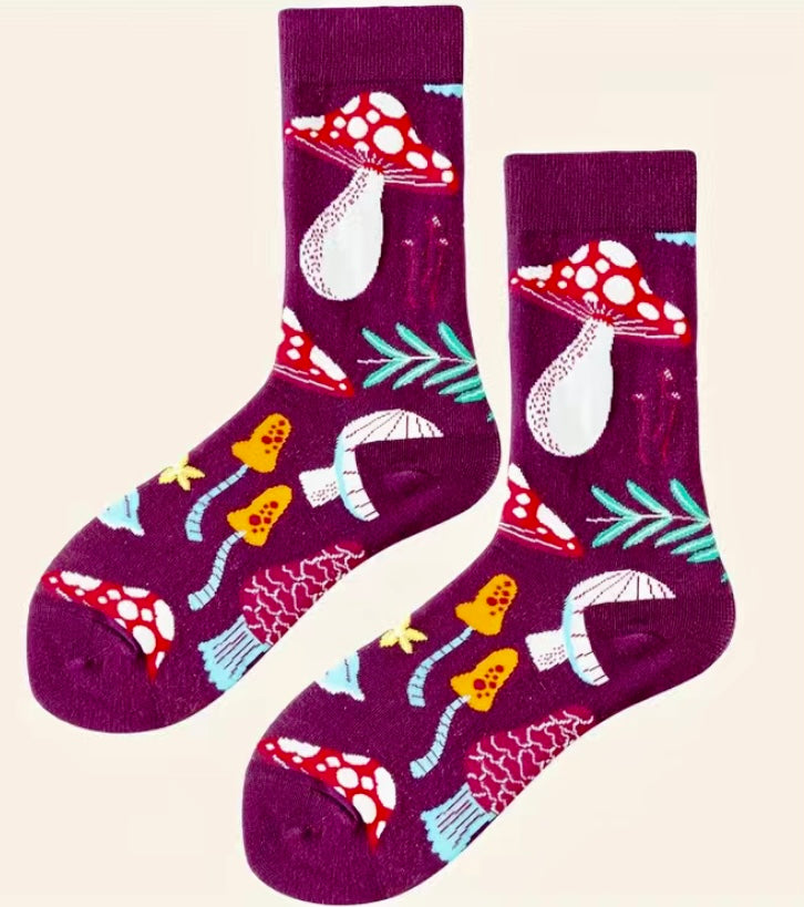 Purple Mushroom Print Socks- One Size